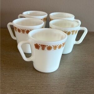 Vintage Pyrex Butterfly Gold D-Handle Coffee Mugs Cups Milk Glass SET OF 5 EUC